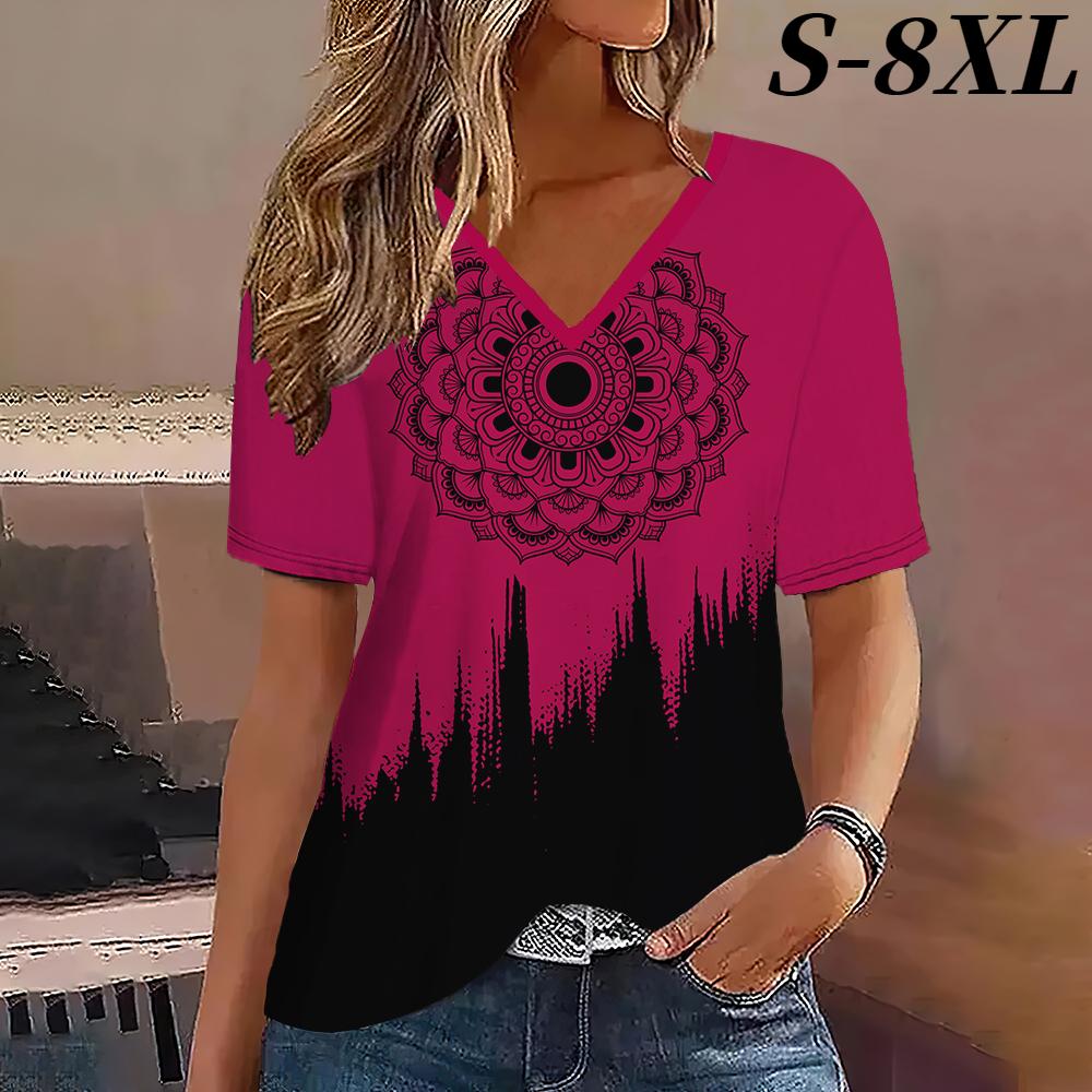 S-8XL Плюс Размер Модная женская футболка с V-образным вырезом и коротким рукавом Футболки Топы Уличная одежда Летний повседневный пуловер Женская одежда больших размеров