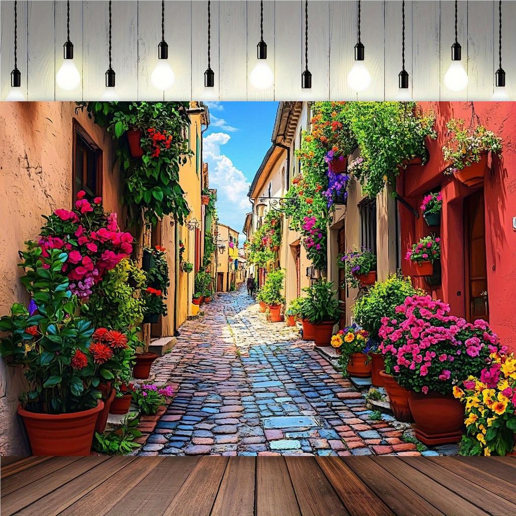 2D plane 1 piece. Colorful Italian alley with blooming flowers and cobblestone pavement - outdoor celebration -garden decoration