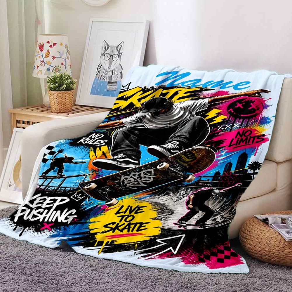 Custom Name skateboard Theme Printed Blanket - Perfect for Couch, Bed, Travel & Outdoor Use | Machine Washable, Cozy & Durable.
