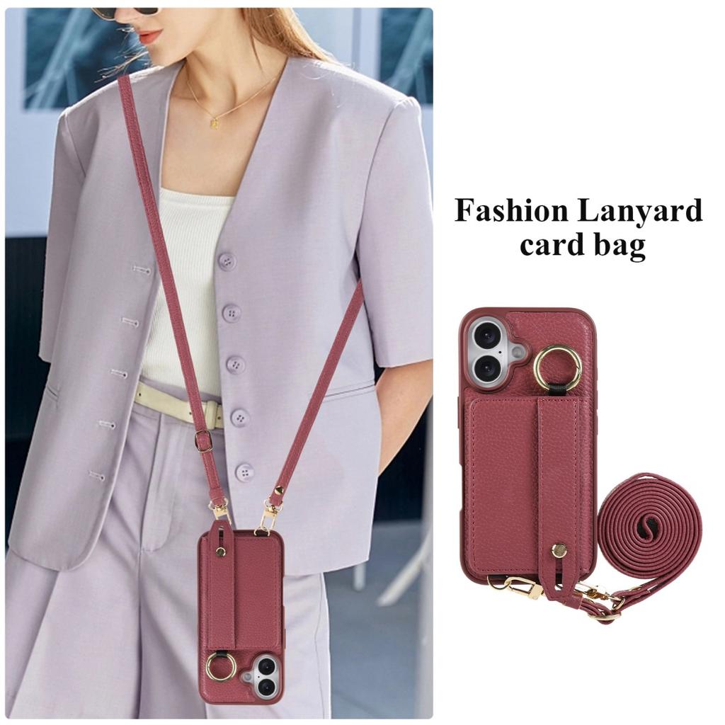 For iphone 16 15 14 Plus 16E Case PU Leather Wallet Bag Grip Strap Holder Neck Shoulder Long Crossbody Lanyard Ring Clasp Cover