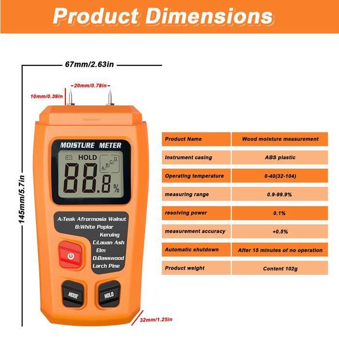 Testeur Humidité Bois, Humidimètre pour Bois de Chauffage avec LCD Rétroéclairé, Humidimètre Bois Cloison, 4 Modes de Mesure