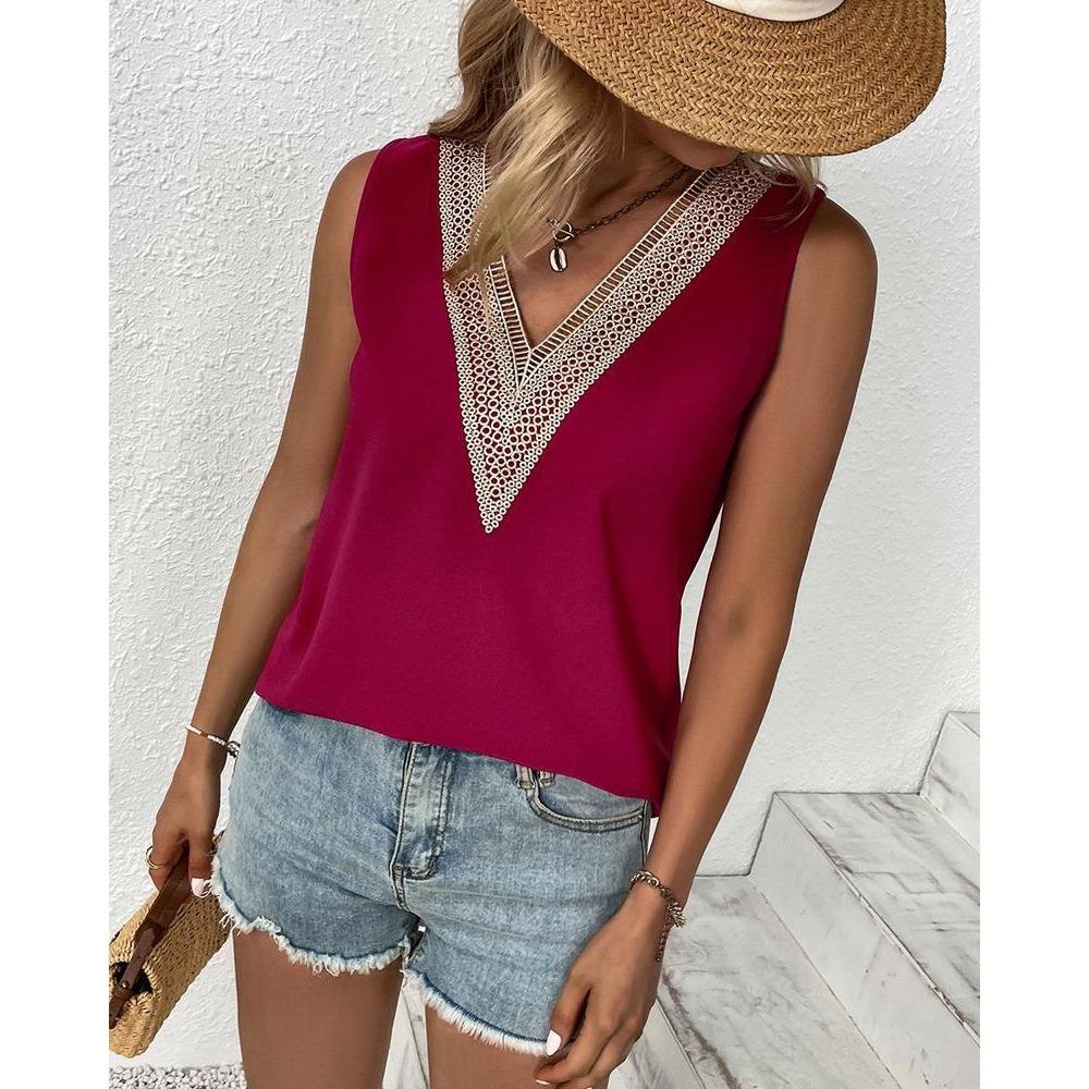 JPNTKY Women's Fashion Casual Summer Solid Color Print Sleeveless V-Neck Blouses & Shirts