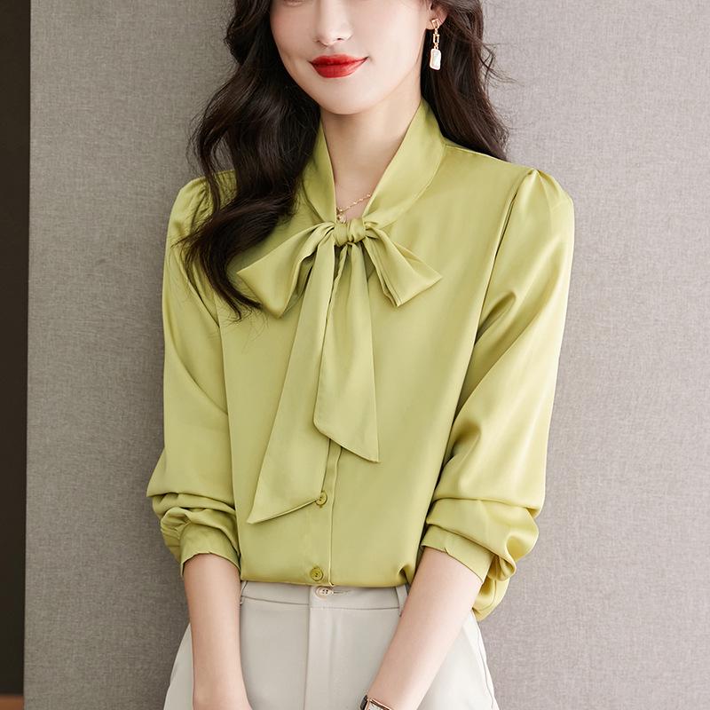 Women's Ash Blue Satin Long Sleeve Shirt - Retro Hong Kong Style, Spring Commute, Concealed Placket, Versatile Drapey Blouse