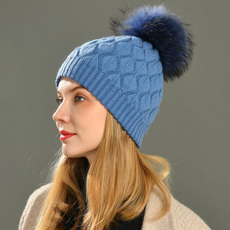 Versatile rabbit down knitted hat female fish scale pattern solid color outdoor autumn and winter wool hat thermal hat