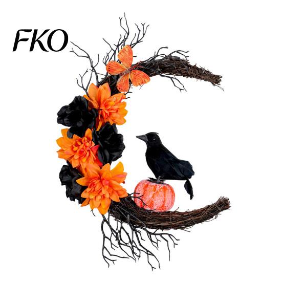Spooky Home Decorations Halloween Door Sign, Artificial Floral Branch Crow Moon Wall Hanger with Themed Event Bird, Window Yard Decor for Party