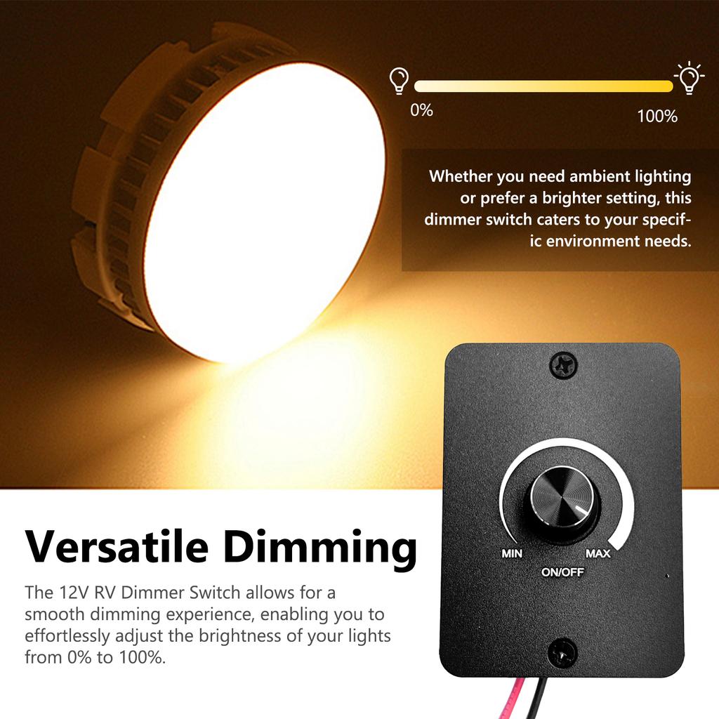 RV Dimmer Switch 12V 5A 60W Dimming Knob PWM Dimming Switch for LED Light Fixture, Halogen, Incandescent, StripLights