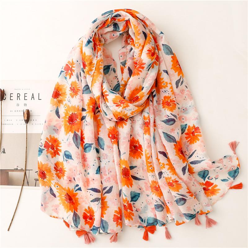 Fashion Luxury Women Viscose Scarf Ventilate Designer Shawl Cotton Linen Tassel Pashmina Muslim Hijab Wrap Floral