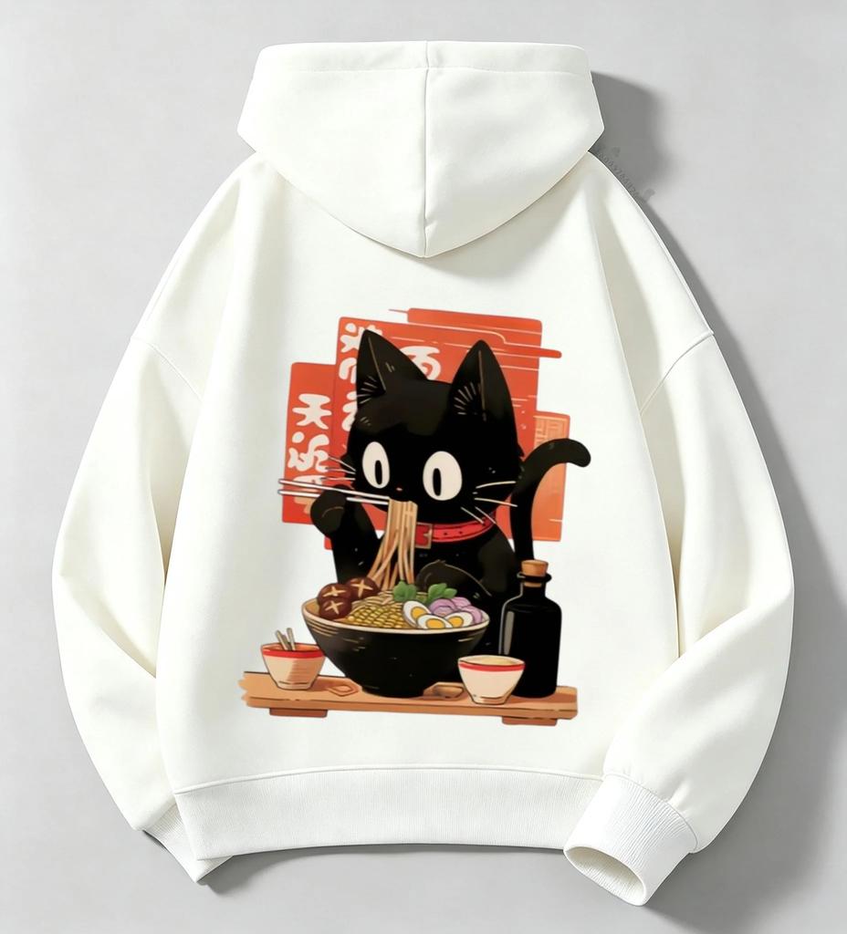 Japanese-Style Long-Sleeved Children's Hooded Coat Cat-Eating-Noodles Print for Boys And Girls Autumn Winter Fashion Outerwear