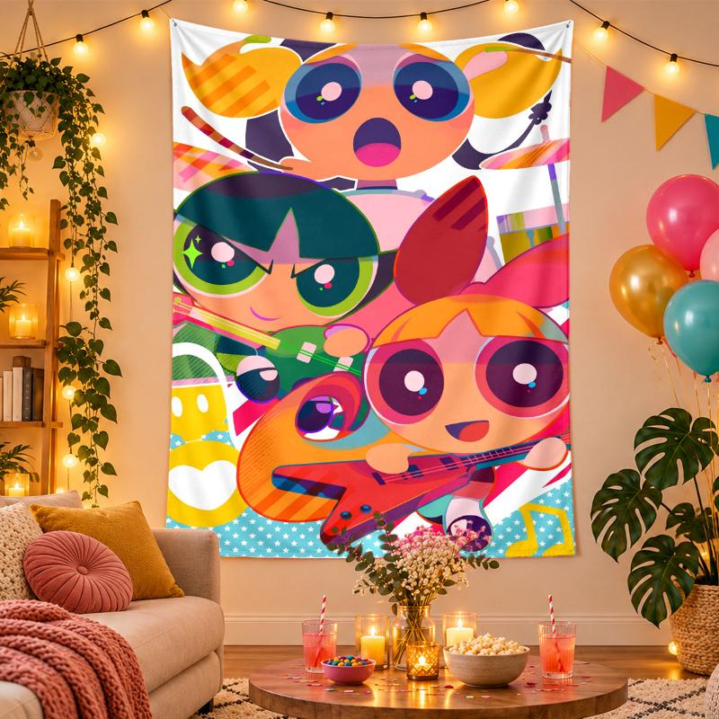 Polyester Wall Tapestry with The Powerpuff Girls Design, Decorative Hanging for Bedroom Living Room Dorm