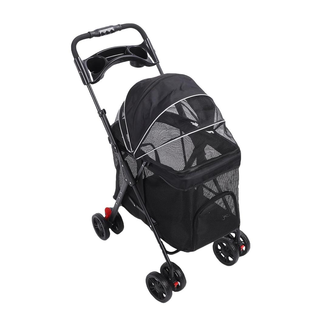 Pet Stroller One Click Folding Cat Stroller 4 Wheels Dog Wagon with Sun Shades and Cup Holder for Travel Black