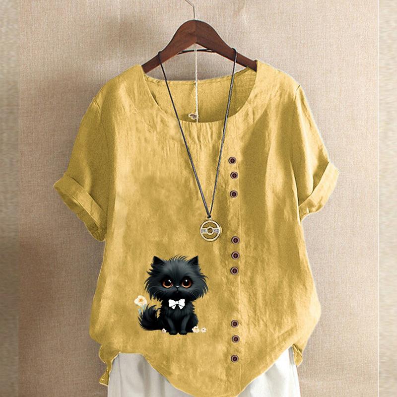 Women's Fashion Cat Prined Short Sleeve T-shirt Loose Cotton Shirt Casual Loose Summer Blouse Tops Plus Size
