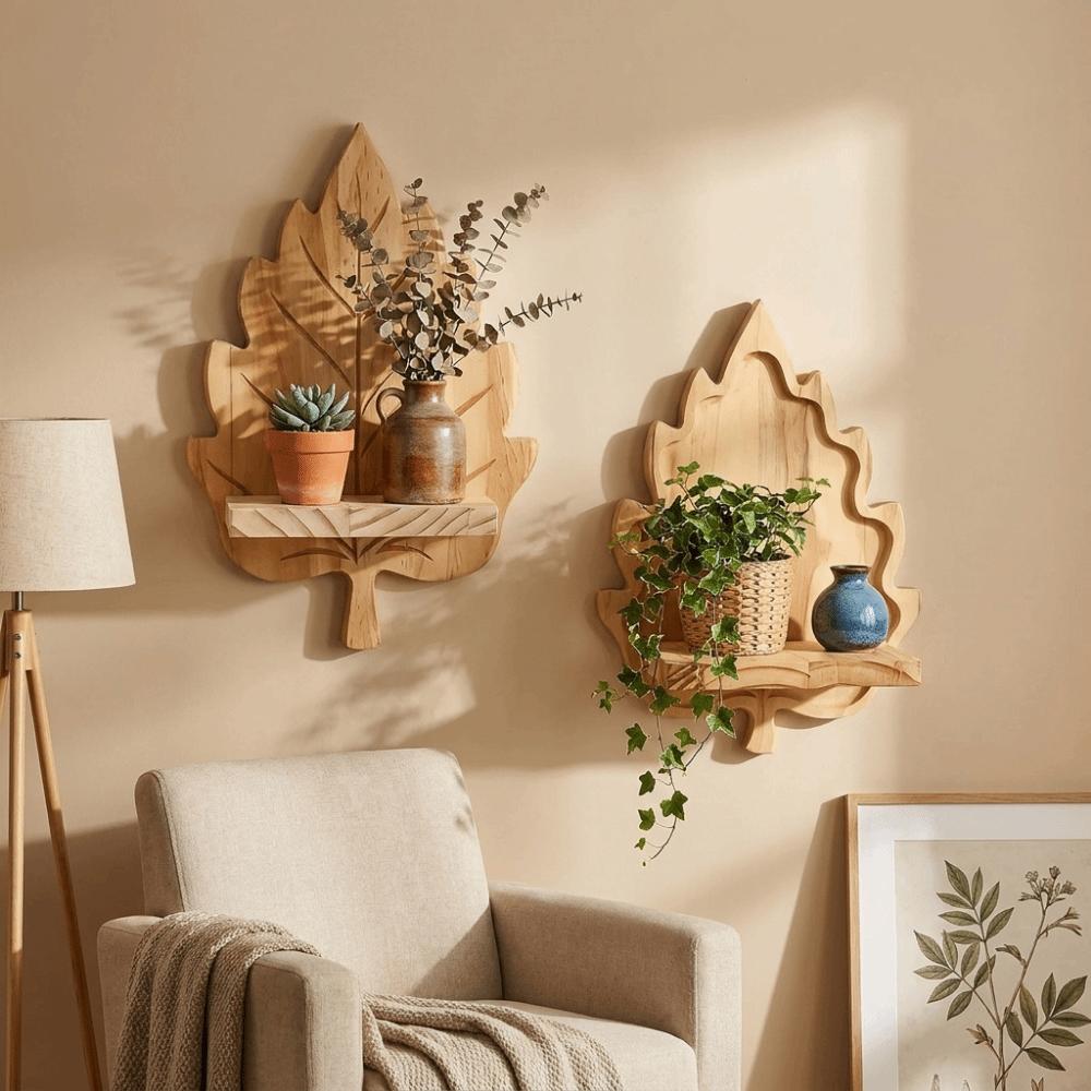 Nature Style Maple Leaf Wall Shelf Wooden Wall Mounted Leaf Shelf  for Living Room