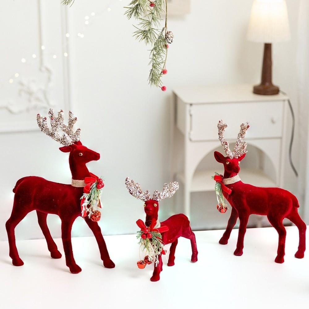 Glitter Antler Christmas Deer Statue Wine Red Xmas Decoration Christmas Scene Layout
