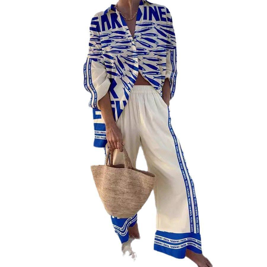 European and American new models, creative fish shading casual suit, loose sports wide-leg pants, marine elements women's casual suit