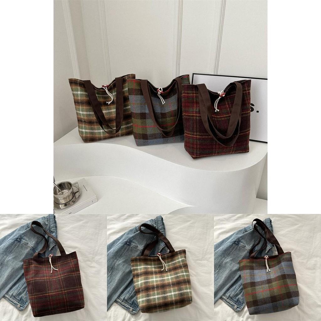 Trendy Plaid Woolen Tote Bag With Large Capacity For Women 2024 New Street Fashion