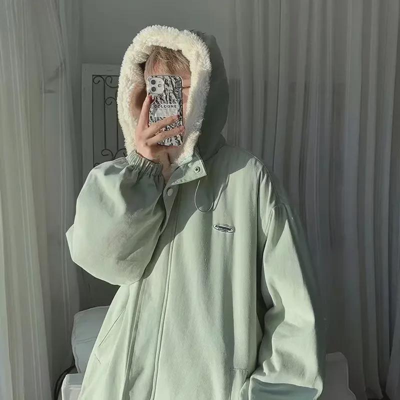 Мужское модное зимнее пальто из овчины с капюшоном — свободный крой, плюс бархат, плотное и теплое для пар