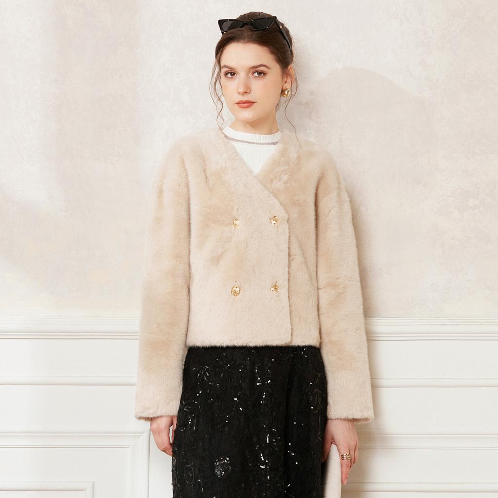 Design sense and temperament V-neck environmentally friendly fur jacket for women's winter season double breasted short top