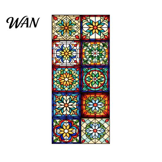 Easy Install Window Film Vintage Stained Glass Sticker, Static Privacy Film, Decorative Customizable Sticker Geometric Pattern for Bathroom Doors and