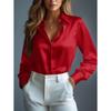 Women's Satin Shirts Elegant Plain Long Sleeve Blouse Office Lady Button-Up Shirt Top Autumn Female Crew Neck Shirts Blouse