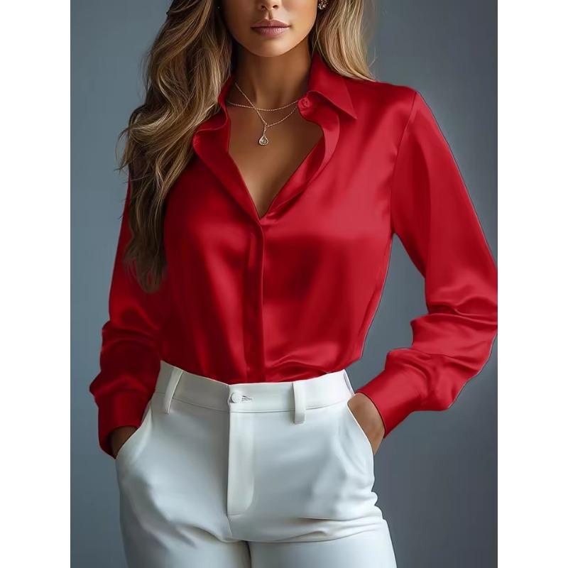 Women's Satin Shirts Elegant Plain Long Sleeve Blouse Office Lady Button-Up Shirt Top Autumn Female Crew Neck Shirts Blouse