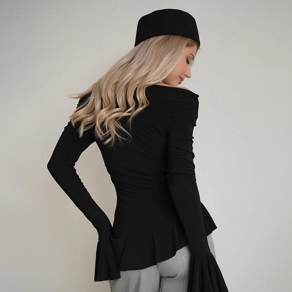 2025 Осень Футболка с открытыми плечами, оборками и длинными рукавами, приталенная