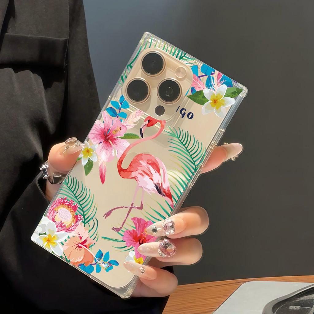 Прозрачный квадратный чехол-трубка для защиты iPhone 13 14 Pro Max 15 Plus 11 16 ProMax 12, чехол с рисунком фламинго, защита от кислорода