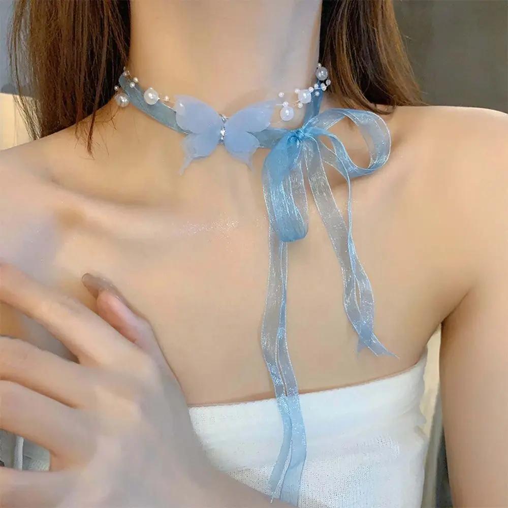 Elegant Butterfly Necklace Temperament Girl Ribbon Choker New Ribbon Butterfly Choker  Women