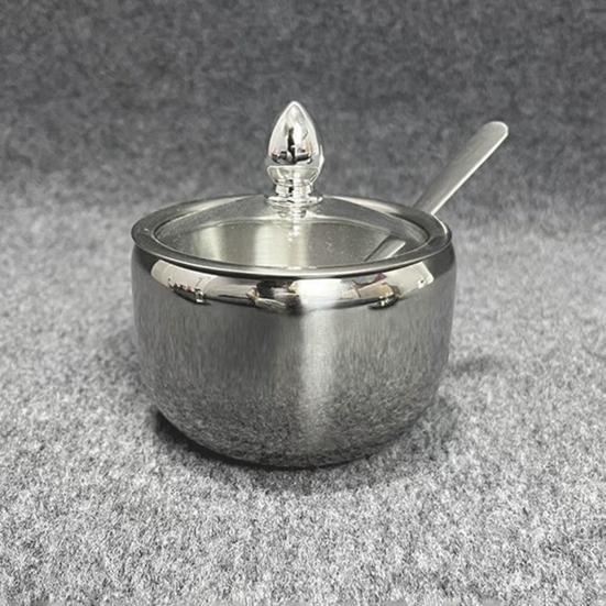 Stainless Steel Seasoning Containers Set with Lid Spoon Tray 3 Grids Condiment Jar Spice Container Canisters Pots for Serving Sugar Pepper Salt Spice