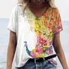 Футболки с v-образным вырезом и короткими рукавами, летние женские футболки, повседневная одежда, свободные топы с принтом павлина, большие размеры, повседневная одежда