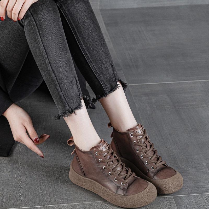 Retro First-layer Cowhide High-top Board Shoes Autumn New Leather Wear-resistant Casual Versatile Platform Women's Shoes
