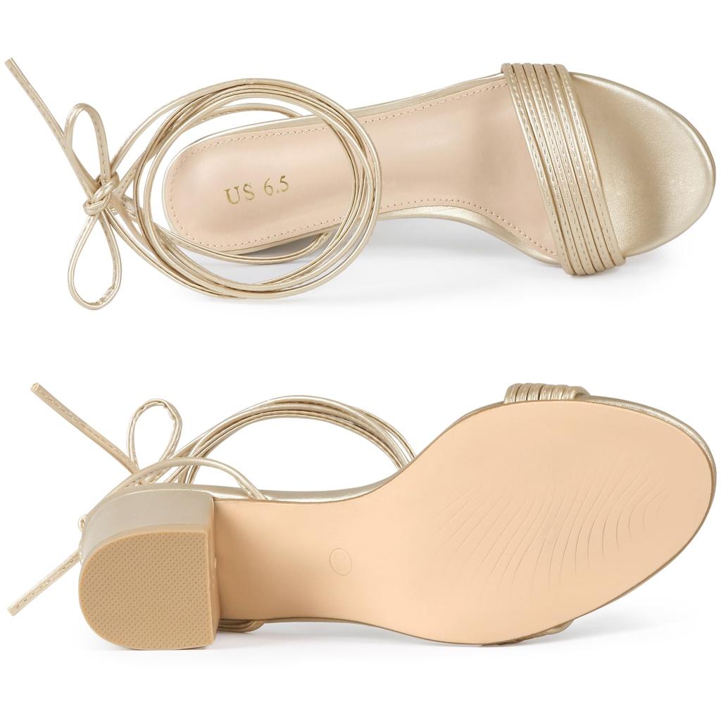 Allegra K Women's Sparkle Strap Lace-Up Block Heel Sandals, Gold, Size 24.0cm