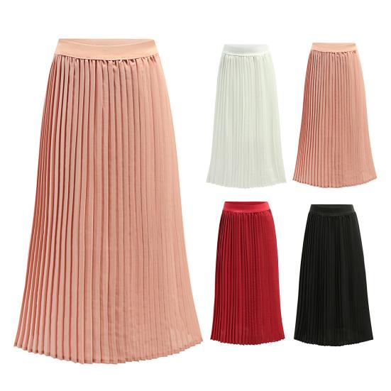 Women Pleated Midi Skirt Elastic High Waist Solid Color Smooth Outline Skirt Slimming Midi Skirt Daily Wear