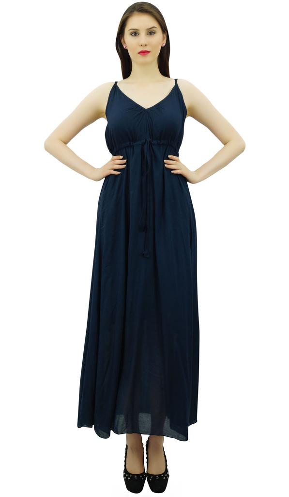 Bimba Women's Long Maxi Cotton Beach Dress Drawstring Waist Strappy Resort