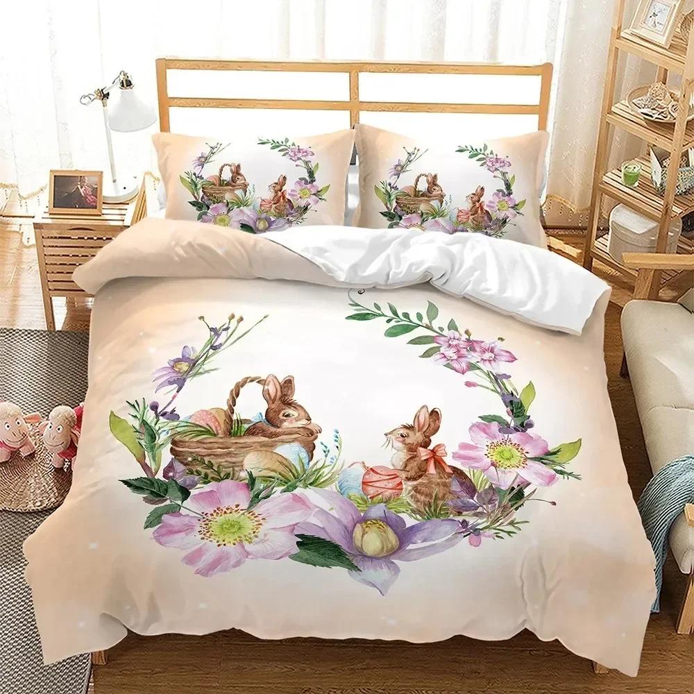 E-Easter Duvet Cover Set Single Twin Size Colorful E-Easter Eggs Nest Bunnies Theme Bedding Set Kids Boys Girls Polyester