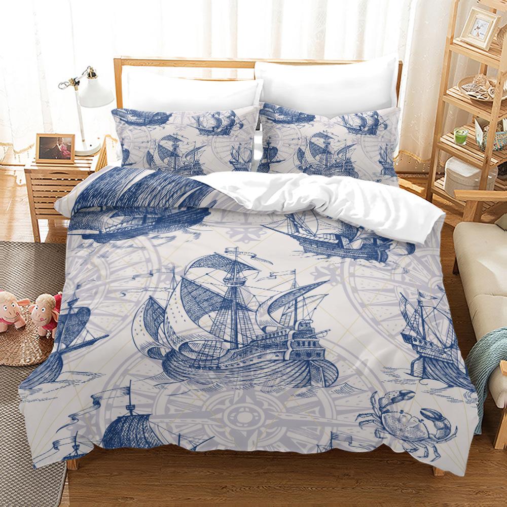 3D Sailing Themed Bedding Set, Anchor Duvet Cover Pillowcases 2/3pcs Soft Quick Drying Cover Set Boys' Teens Gift