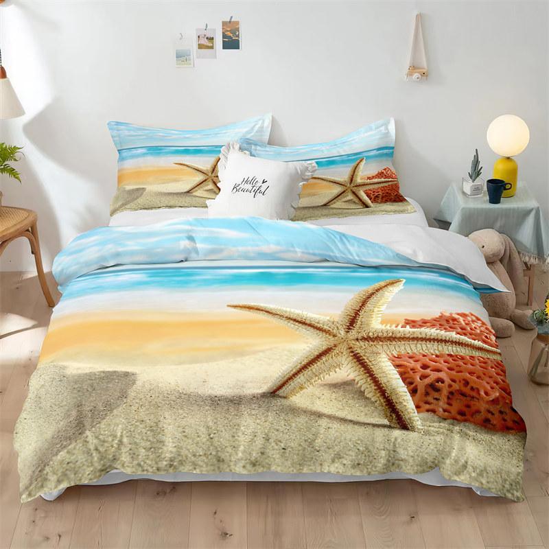Beach Theme Duvet Cover Set Blue Ocean Bedding Set King Queen For Kids Girls Microfiber Seashell Starfish Print Comforter Cover
