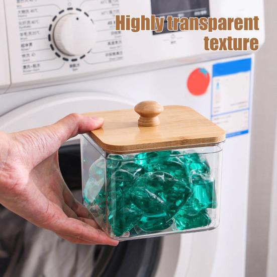 Контейнер для хранения шариков для стирки с бамбуковой крышкой, широкое отверстие, акриловый контейнер, органайзер для шариков стирального порошка, влагозащитный