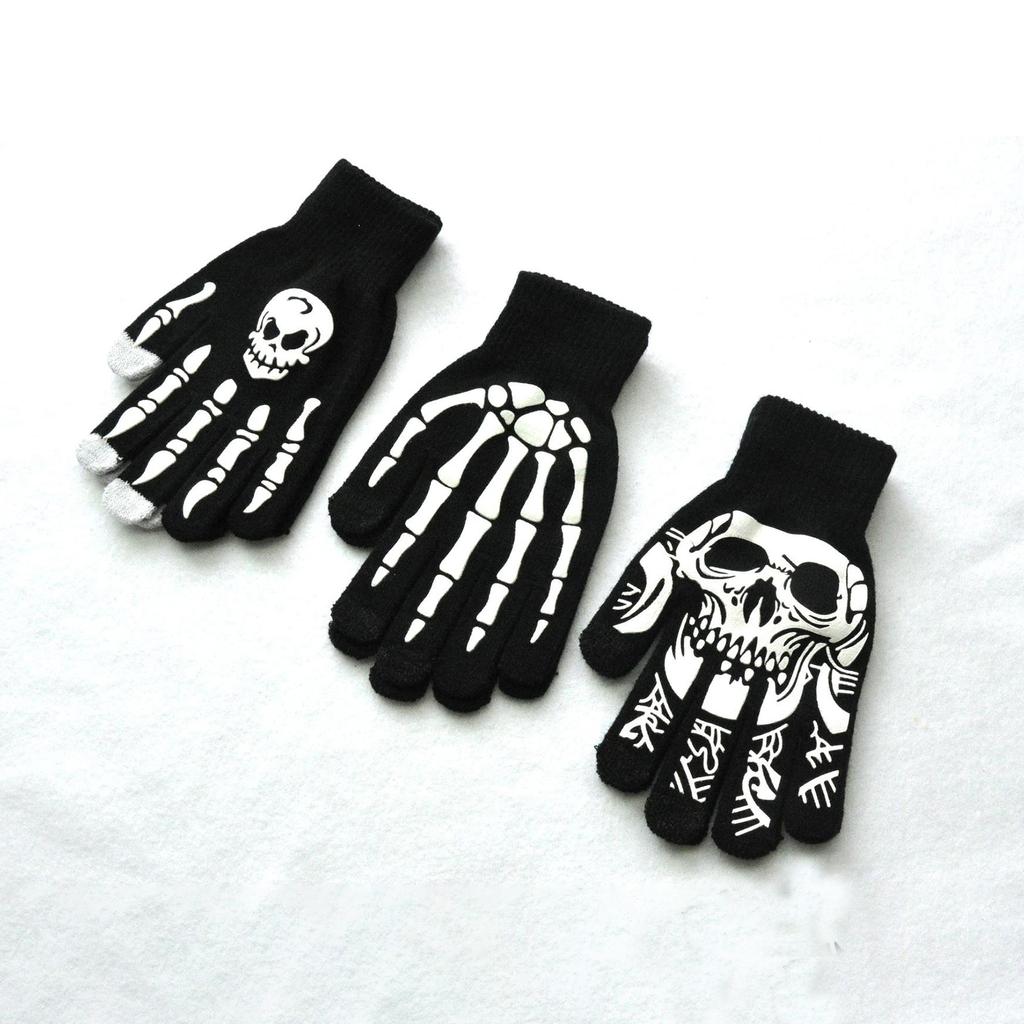 Креативные черные теплые перчатки, светящиеся перчатки на Хэллоуин, вязаные перчатки унисекс, нескользящие перчатки со скелетом для улицы