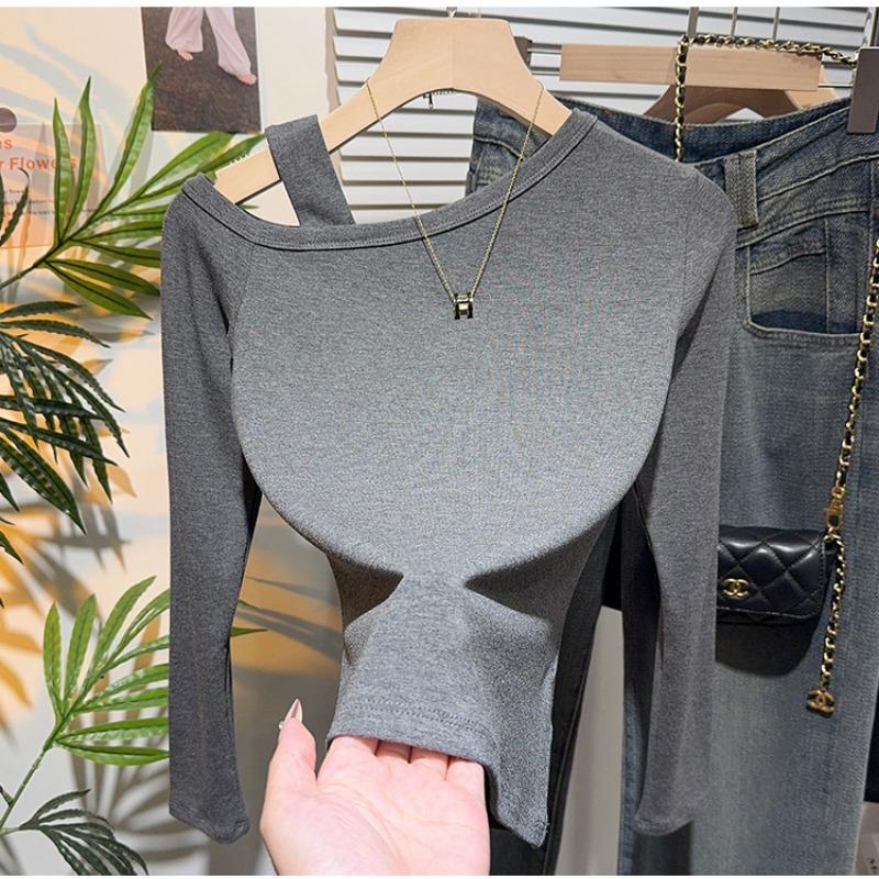 Весна Осень Воротник «Один мир» Сексуальная футболка с открытыми плечами Женская с длинным рукавом Повседневная Универсальная Пуловер Футболка Топ