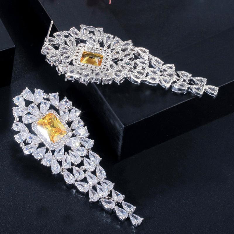 CMM Брендовые женские вечерние украшения из белого золота, роскошные квадратные желтые длинные серьги-капли с цирконом