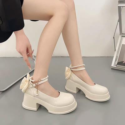 Стиль круглый носок белый жемчуг толстый каблук Мэри Джейн туфли женские 2025 новый весна и осень ретро ниша jk маленькие кожаные туфли