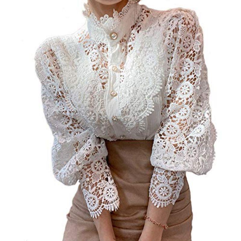 Women Stand Collar Lace Patchwork Shirts Casual Hollow Out Flower Petal Sleeve Button Tops White Shirts for Women