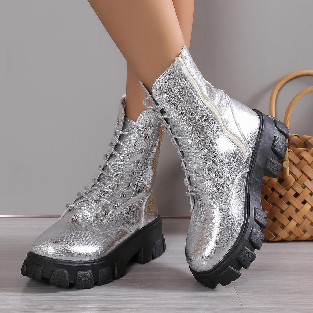 Winter Silver Crystal Thick Sole Ankle Boots Women's Thick Sole Motorcycle Boots Women's Luxury Rhinestone Punk Shoes Size 35-43