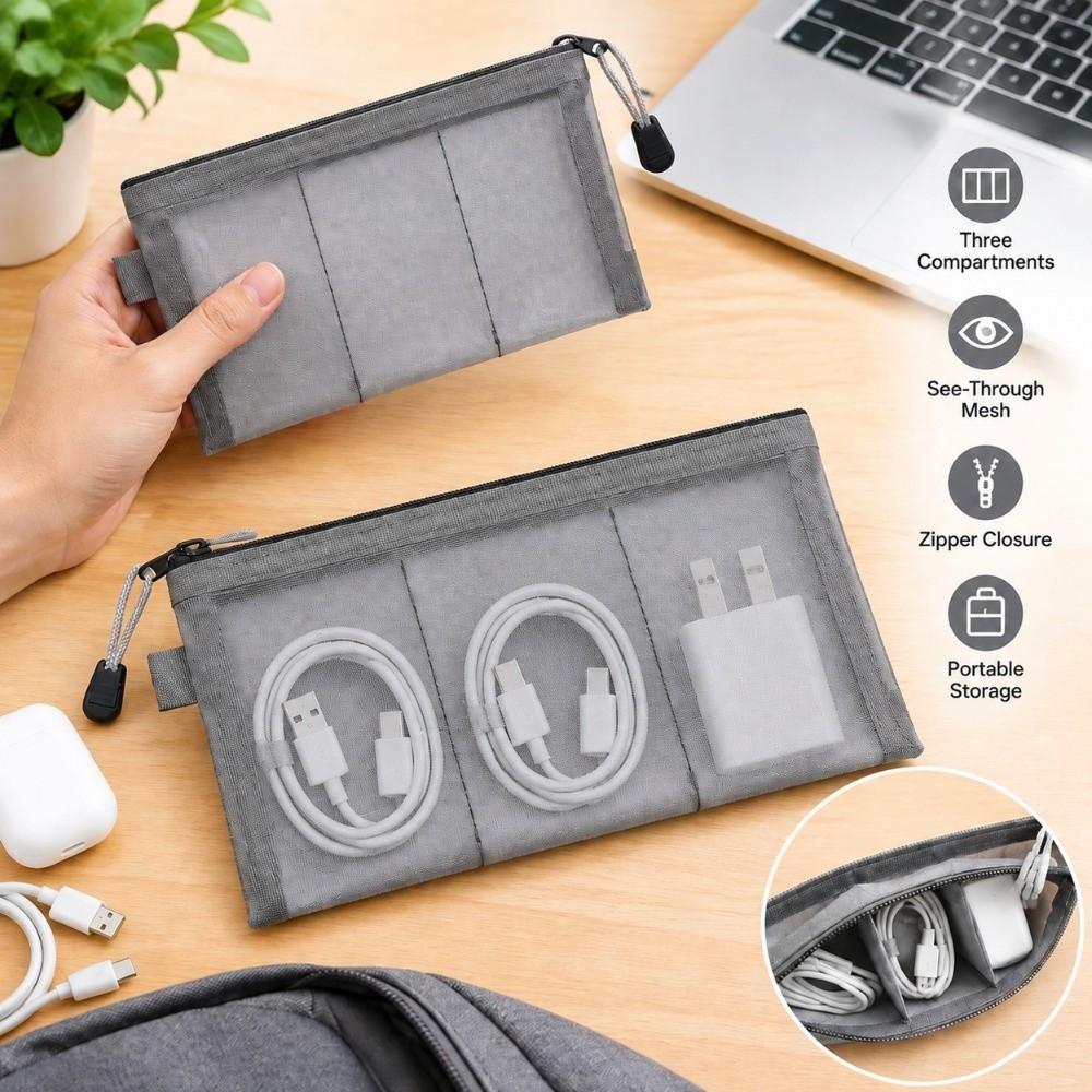 Mesh Fabric Cable Organizer Bag See Through Travel Cable Case Cable Storage