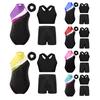 Girls Gymnastics Costume Set Sleeveless Shiny Rhinestone Leotard Cross Back Vest Waistband Shorts