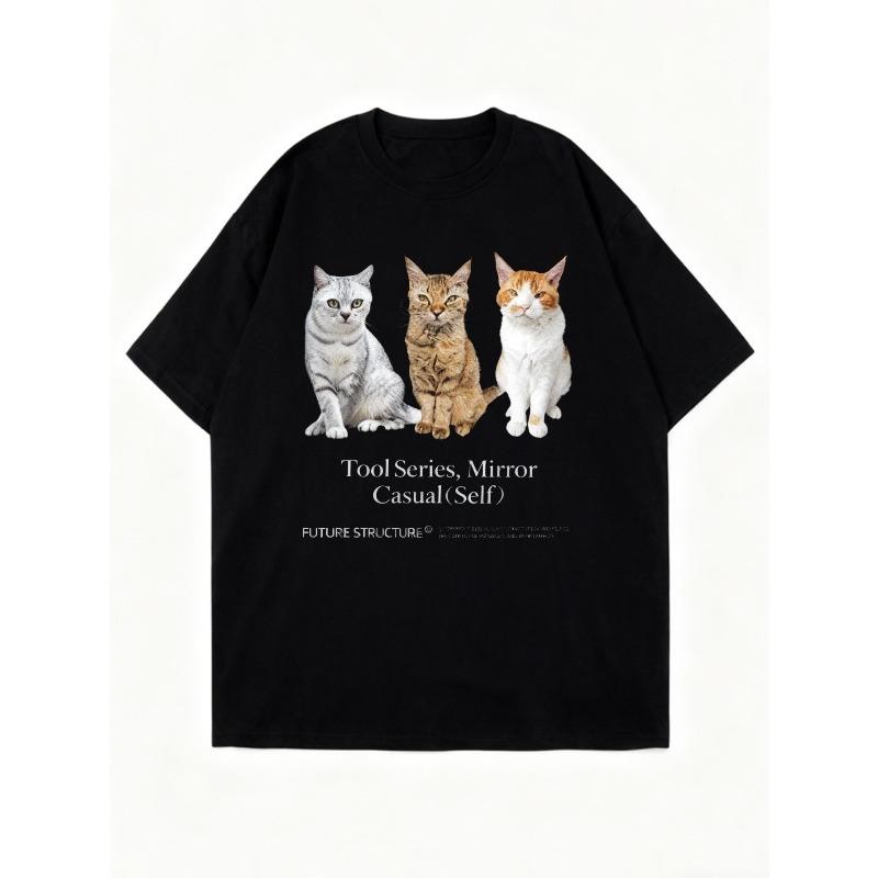 Oversized T Shirt Black Three Cats Print Tool Series Mirror Casual Self Text Graphic Tee Women Casual Wear Streetwear Fashion