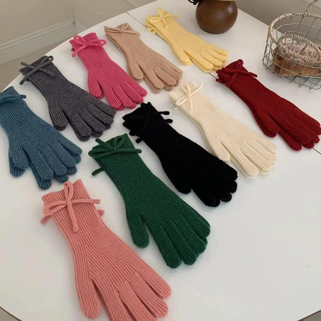 Bow knitted gloves autumn and winter riding can touch the screen to keep warm, solid color adult versatile women's new multi-color