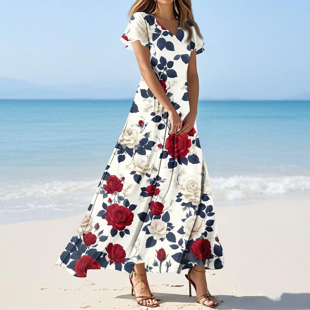 Женские повседневные модные длинные платья с принтом, платья с V-образным вырезом и коротким рукавом