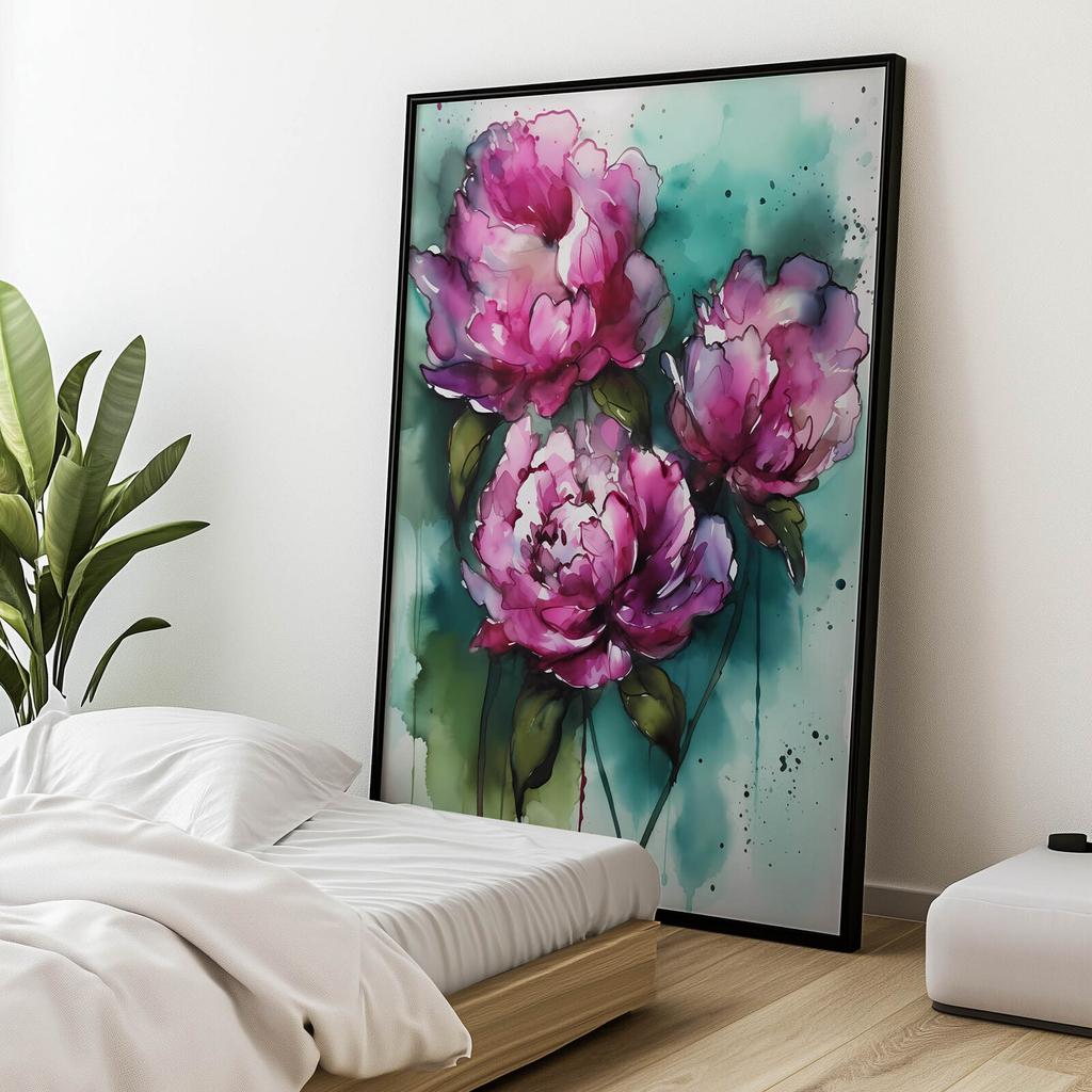 Розовые Пионы На Зеленом Фоне Розовые Пионы На Зеленом Фоне, 30x40 См, Черная Алюминиевая Рама, Матовая Бумага 230 г/м²