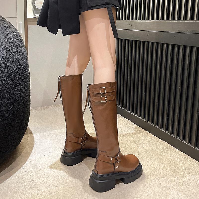 Джинсовые ботинки для женщин Мотоциклетные ботинки Ретро коричневые с пряжкой на ремне Круглые высокие женские ботинки Женские ботинки на платформе Обувь для женщин